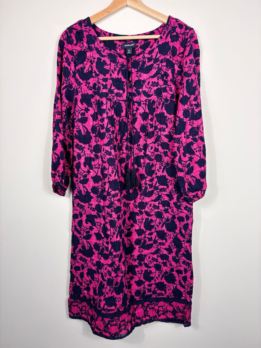 🌸 Studio Park Pink Floral Tassel Tie Tunic Dress | MT | Pink & Navy